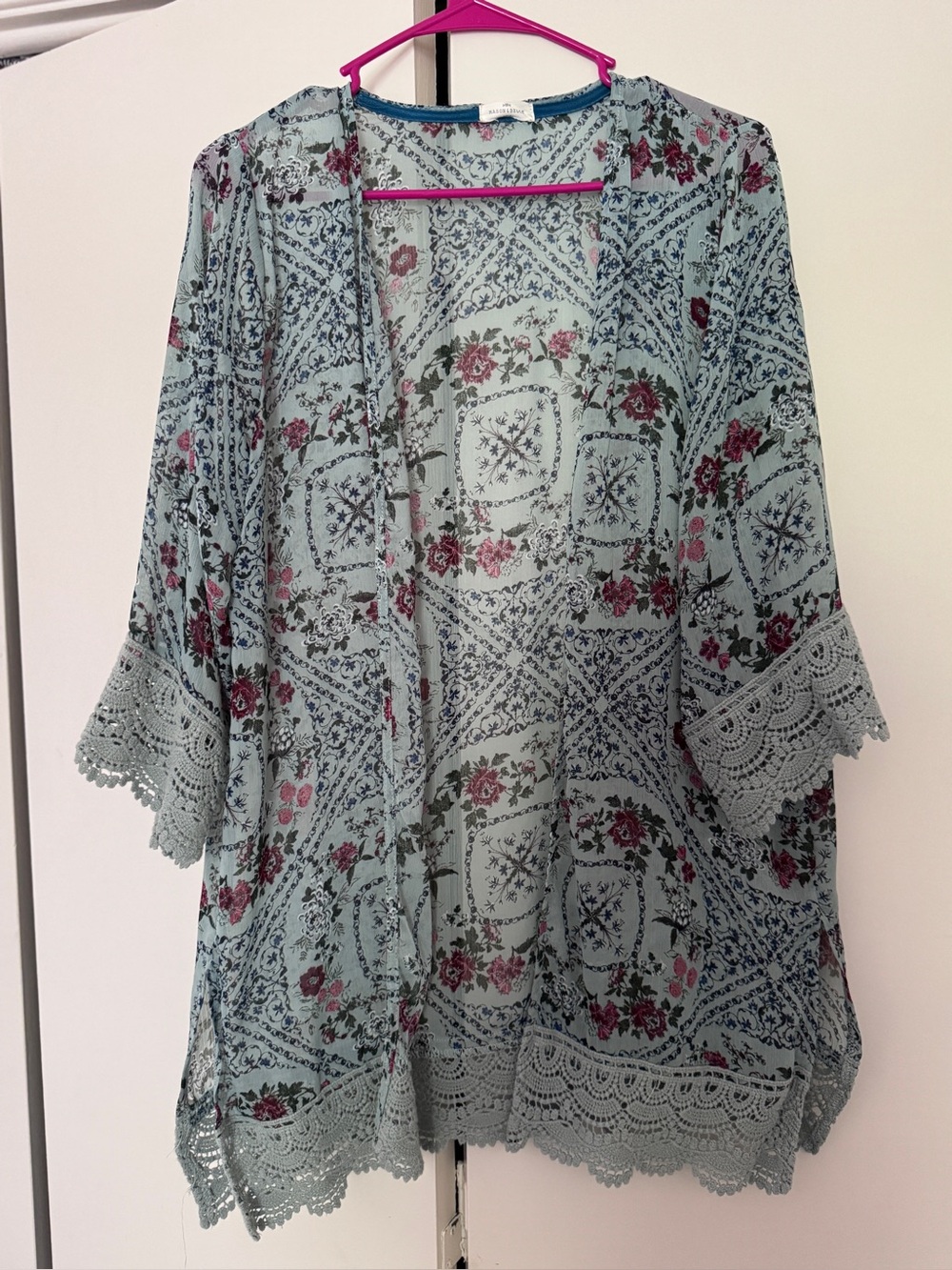 Mint Green Floral Lace-Trim Kimono Top